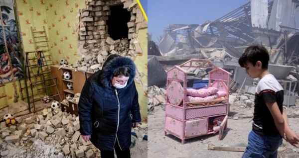 Images of Ukraine after bombing and Palestine after a demolition