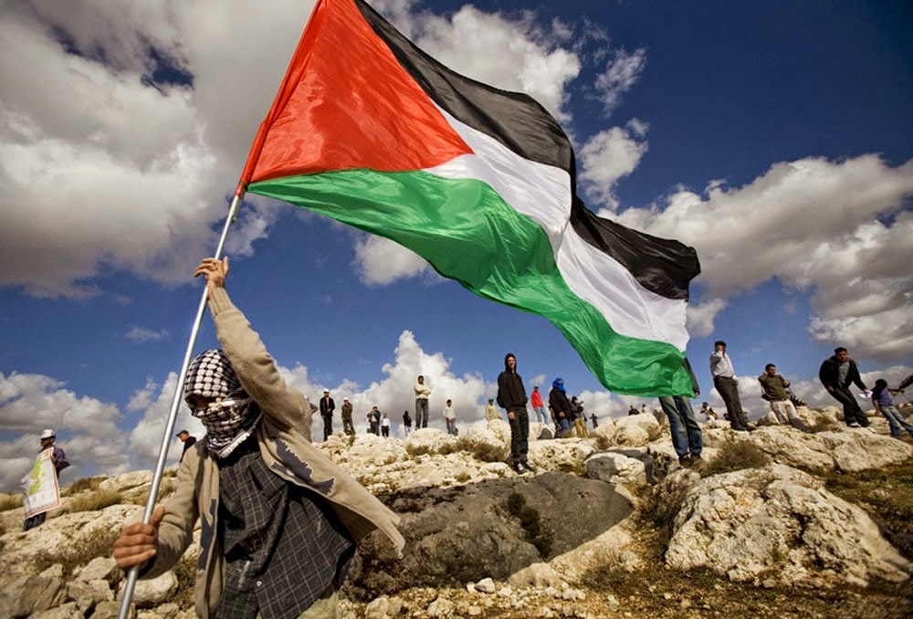 Palestinians with their flag on a rocky hillside