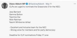 Diane Abbott tweet supporting Grassroots5 for Labour NEC